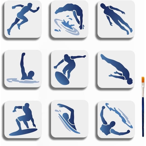 9pcs Water Sports Stencil 66inch Swimming Diving Surfing Stencils with Paint Brush Athletes Exercise Template for Wood Fabric Wall Window DIY Craft Mixed Color 1set