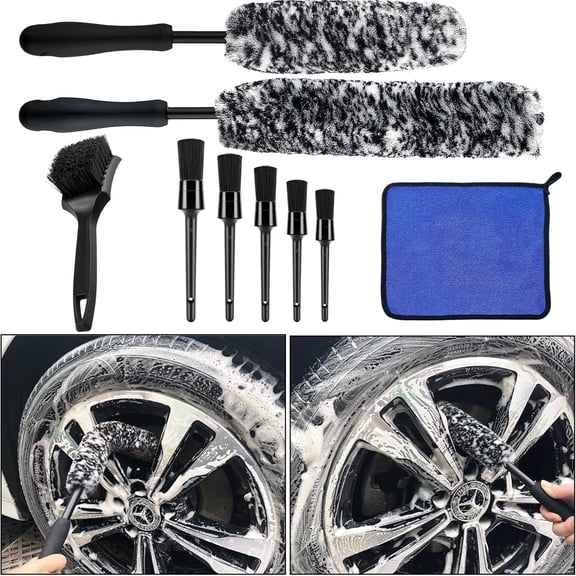 9pcs Wheel Tire Brush Set, Wheel Brushes for Cleaning Wheels Tire Rim, Soft Wheel Cleaner Brush, Bendable & Durable Car Wheel Rim Detailing Brush for Cleaning Spokes, Fenders, Engines（Gray）