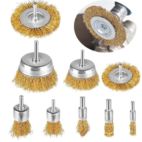 9pcs Wire Brush for Drill, Brass Coated Wire Wheel Brush & Cup Brush Set with 1/4-Inch Shank Brush Kit for Removal Rust/Corrosion/Paint Stripper - Drill Sanding Attachment(Golden)
