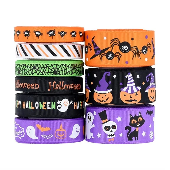 9pcs/set 5 Yards Halloween Themed Ribbon Ghost Pumpkin Printed Grosgrain Tape Diy Hair Bows Festival Decoration (10mm/20mm/25mm)