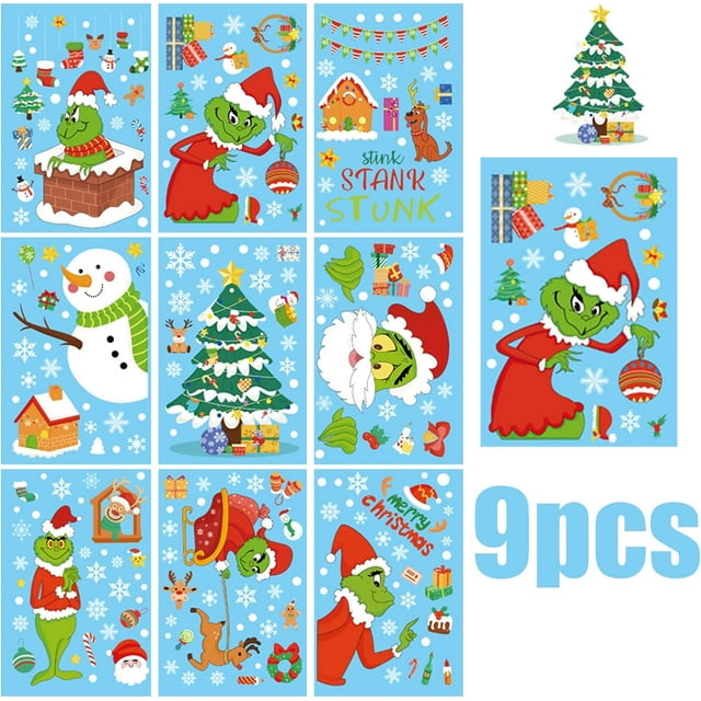 9pcs/set Christmas Grinch Window Clings Decals