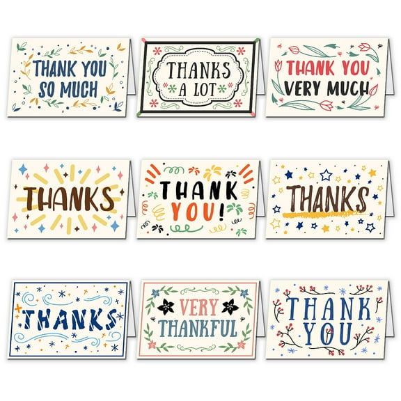 9pcs/set Thank You Theme Cards and Paper Envelopes for Birthday Thanksgiving Day Rectangle with Word Pattern Word 10x15cm