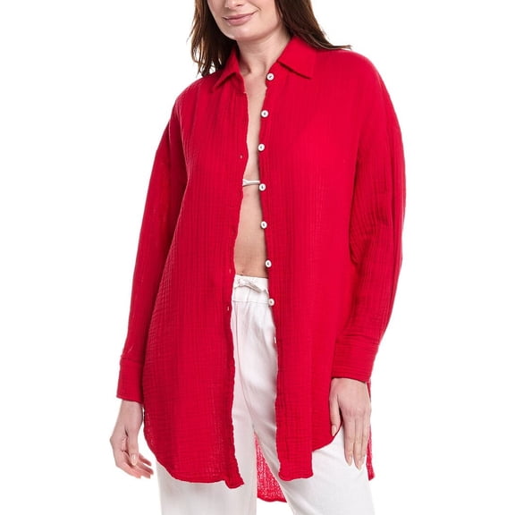 9seed womens  Gauze Button-Down Shirt, P/S, Red