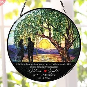 9th Anniversary Willow Glass Suncatcher,Custom Willow Tree Wedding Anniversary Keepsake,Wedding Anniversary Gift Her,Couple Gift, 7.9 in