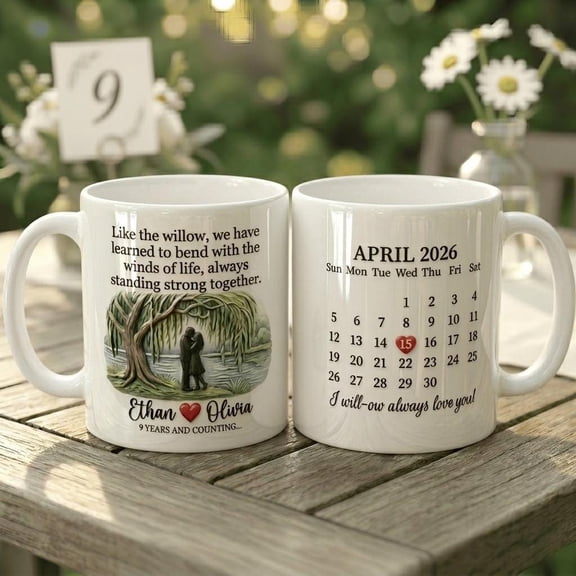 9th Anniversary Willow Mug, Custom Date Couple Coffee Cup, Faux 3D Effect