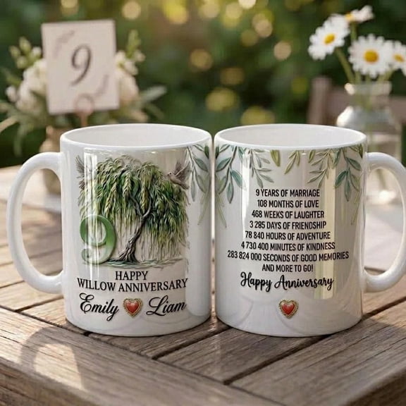 9th Anniversary Willow Tree Mug, Faux 3D Effect Coffee Cup, Elegant Wedding Gift