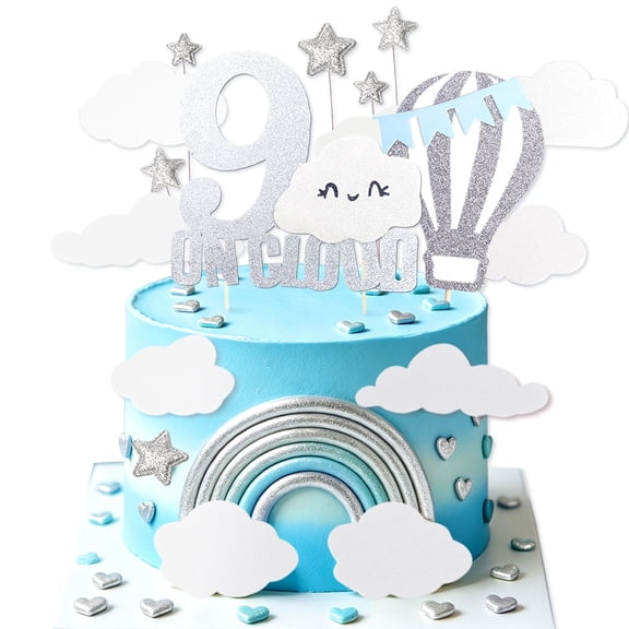 9th Birthday Cake Decorations - Silver Blue Cloud & Hot Air Balloon Theme Party Decor Set