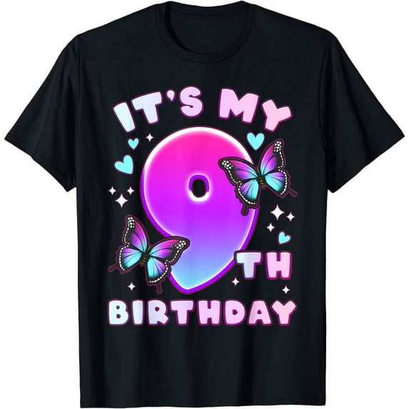 9th Birthday, Girl 9 years, Butterflies and Number 9 T-Shirt