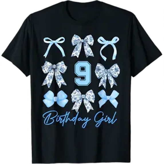 9th Birthday Girl Blue Toile Coquette Bow 9 Year Old Family T-Shirt