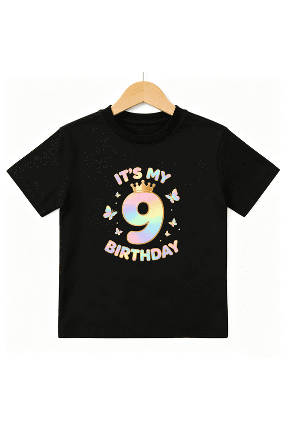 9th Birthday Girl Boys Graphic Tee, Rainbow Crown Pastel Butterfly 100% Cotton Kids Short Sleeve T-Shirt