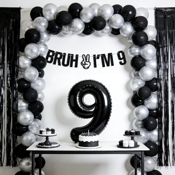 9th Birthday Party Decorations Set - Cool Black Silver Theme with Banner & Balloons