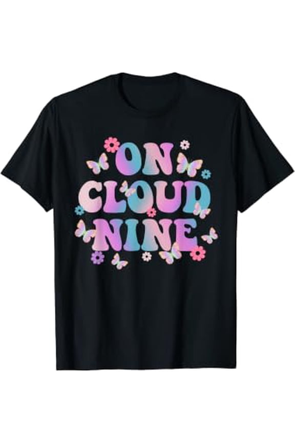 9th Birthday Shirt Girl Rainbow Butterfly On Cloud Nine T-Shirt