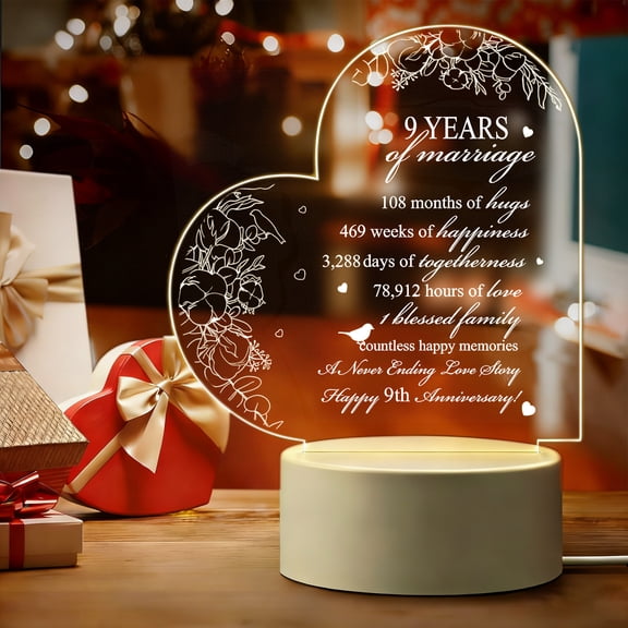 9th Wedding Anniversary Gift  Years of Marriage Heart Acrylic LED Night Light  Anniversary Keepsake Decoration for Couple Parents Husband Wife