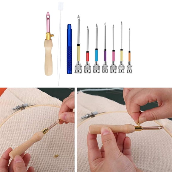 9x DIY Punch Embroidery Accessories Wooden Handle Sewing Tools Threaders Art for Beginners Embroidery Crafting