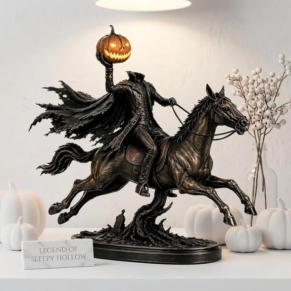 9x10 Inch Cold Cast Bronze Headless Horseman Figurine, Distressed Antique Finish Galloping Horse Sculpture with Pumpkin Head, Gothic Halloween Home Office Tabletop Decor