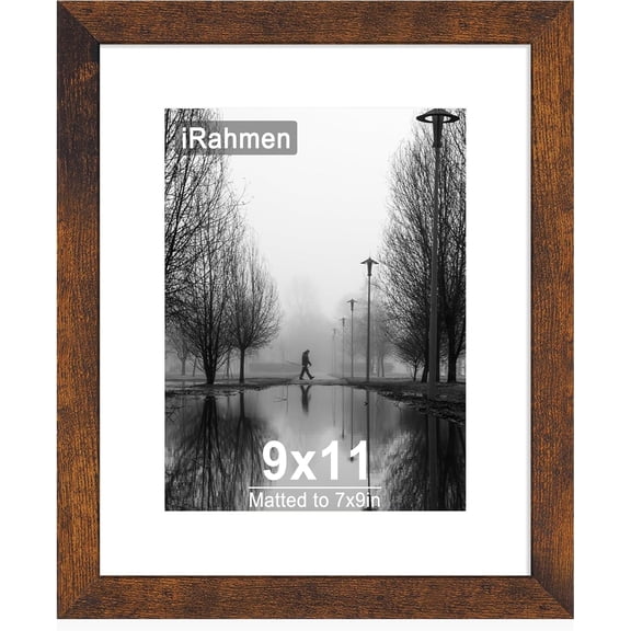 9x11 Picture Frame with HD Tempered Glass, Display Pictures 7x9 with Mat or 9 x 11 Without Mat, Wood Photo Frames for Tabletop and Wall Mount (Dark Brown, 1 Pack)