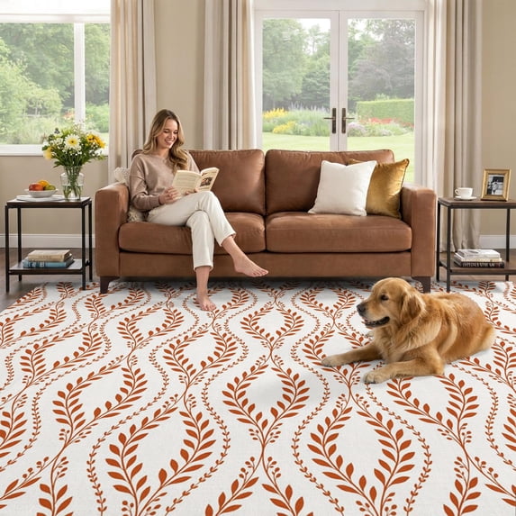 9x12 Area Rug, Beige Brown Botanical Low Pile Washable Rugs for Living ...