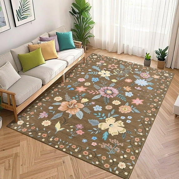 9x12 Area Rug Boho Floral Rugs, Large Area Rug Machine Washable Rugs Ultra-Thin Flower Carpet Non Slip Low Pile Carpet Rug for Living Room Bedroom Nursery, Brown