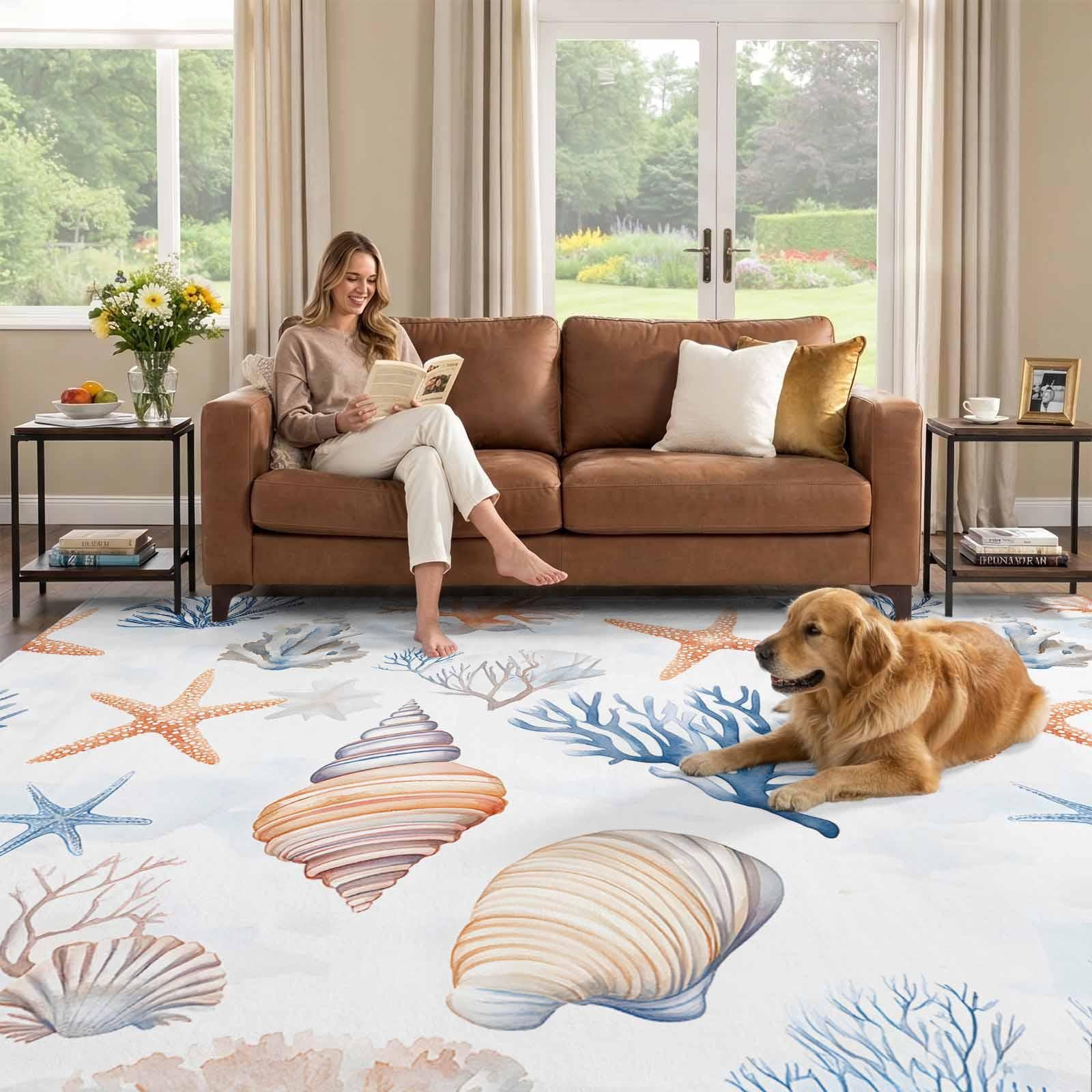 Conch Shell Fod 9x12 Area Rug, Coastal Low Pile Washable Rugs for Living Room, Dining ...