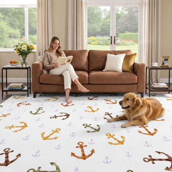 Ocean View Textured 9x12 Area Rug, Coastal Nautical Low Pile Washable Rugs for Living Room ...