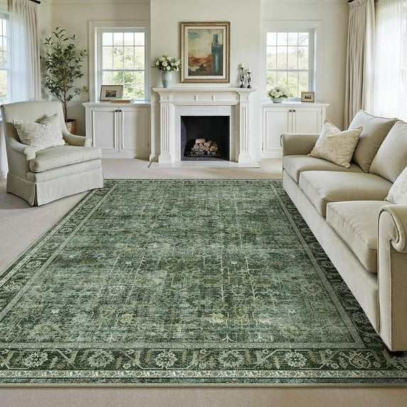 9x12 Area Rug Dark Green Vintage Living Room Bedroom Indoor Carpet Distressed Retro Non Slip Low Pile Washable Soft Large Throw Rug for Dining Room Office Dorm Decor