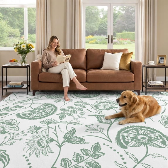 Leaf Tech 9x12 Area Rug, Green Farmhouse Low Pile Washable Rugs for Living Room ...