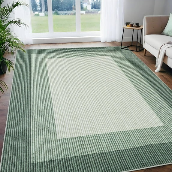 9x12 Area Rug Large Modern Neutral Solid Washable Rug for Living Room, Non-Slip Non Shedding Bordered Soft Rug, Low Pile Foldable Printed Nursery Carpet for Bedroom, Dining Room, Green