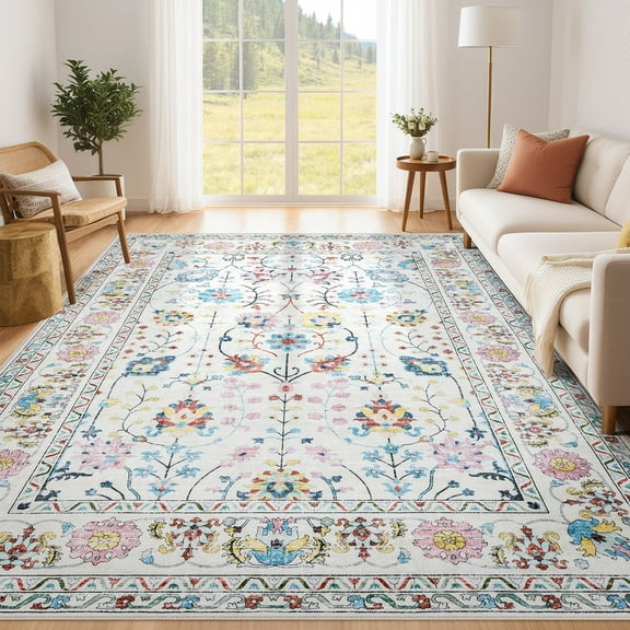 Toyoso 9x12 Area Rug Living Room Rugs - Machine Washable Traditional Floral Rug Non-Slip Classic Farmhouse Entryway Mat for Indoor Front Door, Kitchen, and Home Décor – Beige