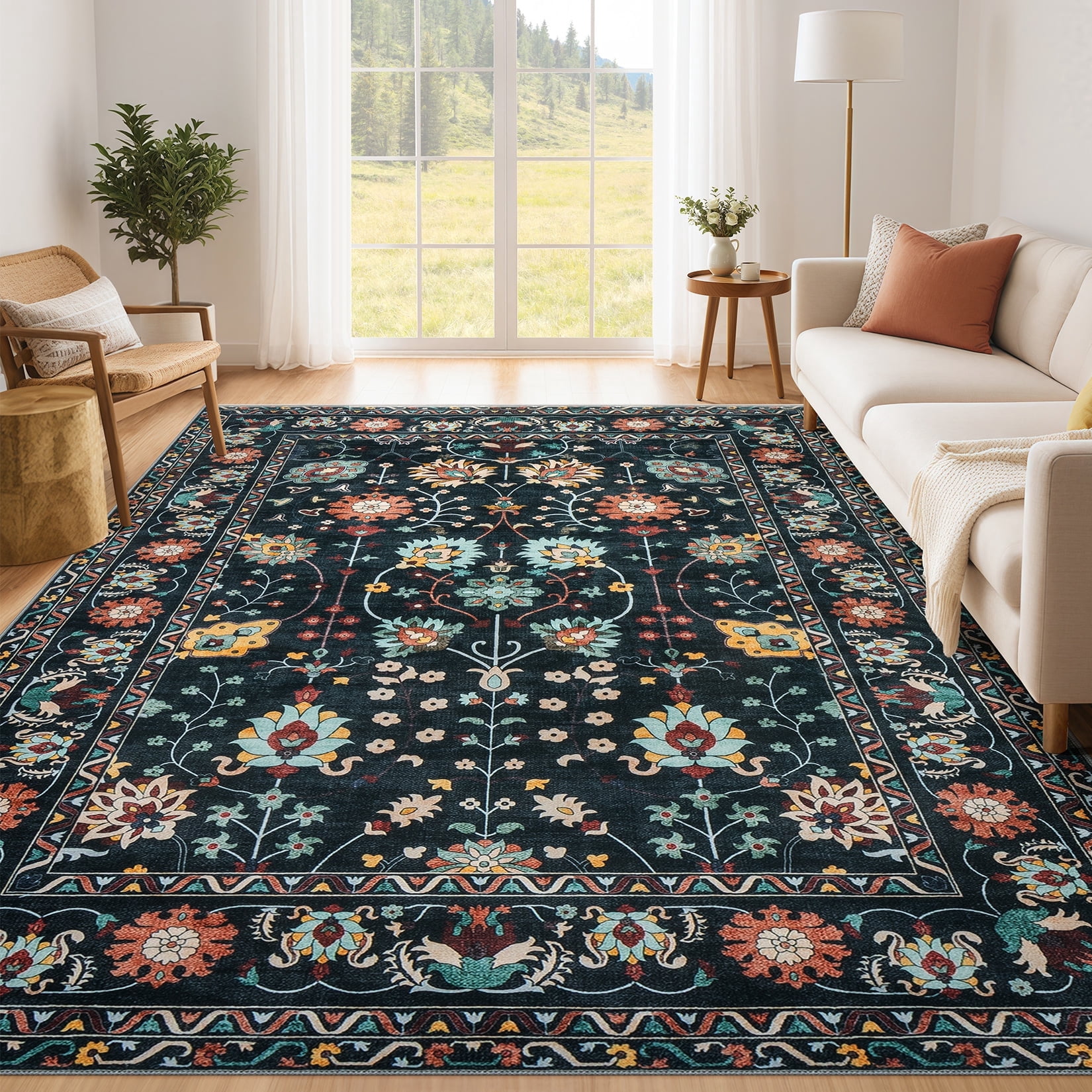 Toyoso 9x12 Area Rug Living Room Rugs - Machine Washable Traditional Floral Rug Non-Slip Classic Farmhouse Entryway Mat for Indoor Front Door, Kitchen, and Home Décor – Black