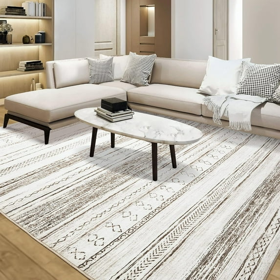 Toyoso 9x12 Area Rug Living Room Rugs - Washable Large Soft Neutral Boho Moroccan Bohemian Farmhouse Rug Indoor Floor Carpet for Bedroom Under Dining Table Home Office Decor - Cream Brown