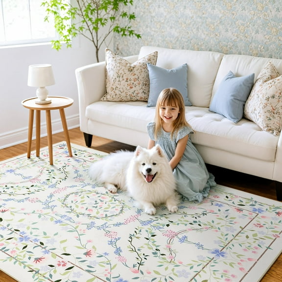 9x12 Area Rug Living Room Rugs - Washable Vintage Floral Soft Thin Large Rug Indoor Floor No Slip Rug Carpet for Bedroom Under Dining Table Home Office Decor - BeigeWhite