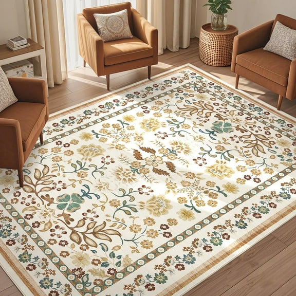 Toyoso 9x12 Area Rug Living Room Rugs - Washable Vintage Floral Soft Thin Large Rug Indoor Floor No Slip Rug Carpet for Bedroom Under Dining Table Home Office Decor - Brown Green