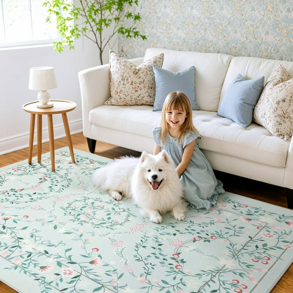 9x12 Area Rug Living Room Rugs - Washable Vintage Floral Soft Thin Large Rug Indoor Floor No Slip Rug Carpet for Bedroom Under Dining Table Home Office Decor - Green