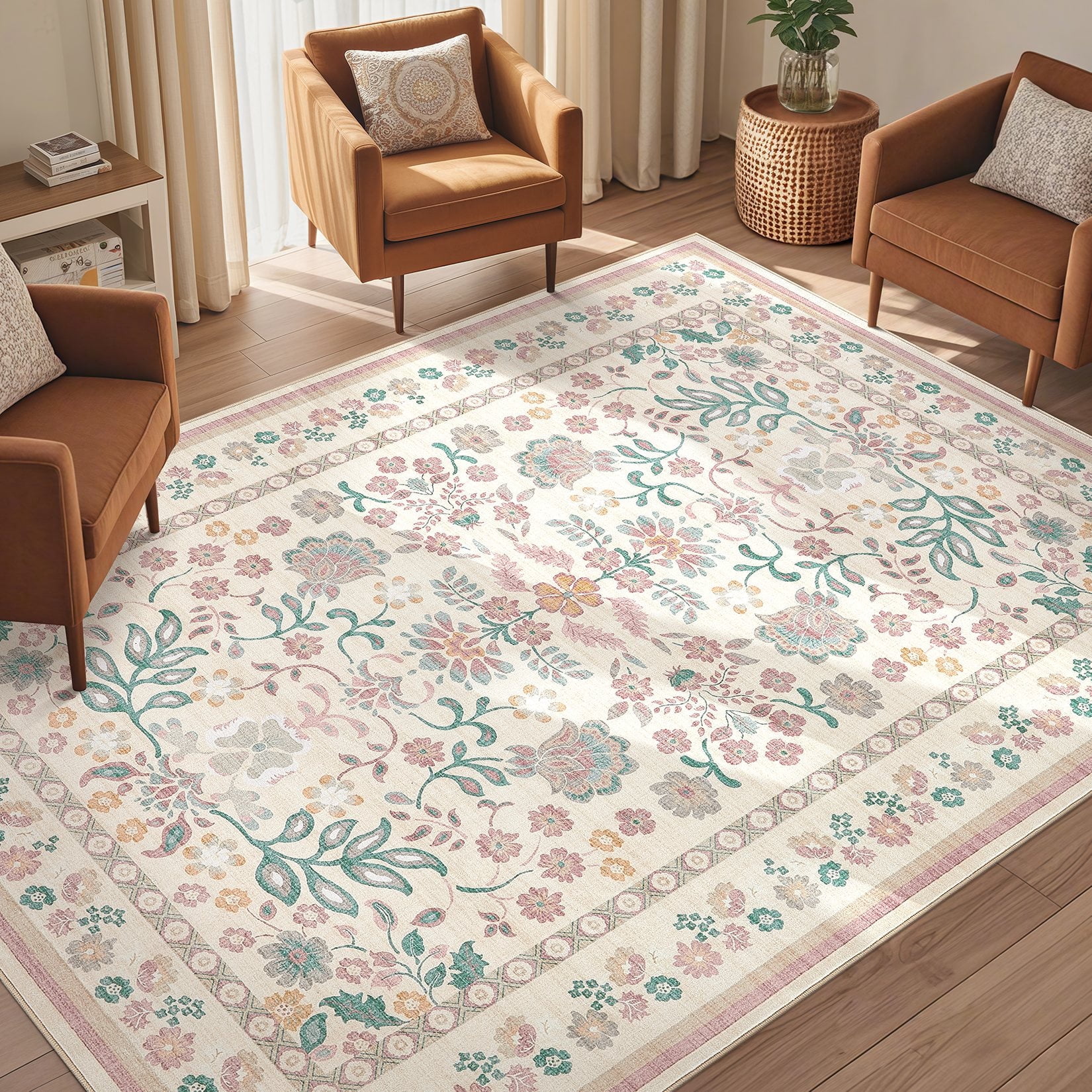 Toyoso 9x12 Area Rug Living Room Rugs - Washable Vintage Floral Soft Thin Large Rug Indoor Floor No Slip Rug Carpet for Bedroom Under Dining Table Home Office Decor - Pink Green