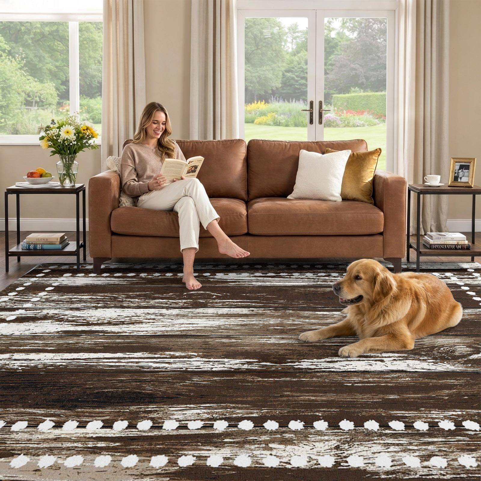 9x12 Area Rug, Vintage Brown Wooden Low Pile Washable Rugs for Living ...