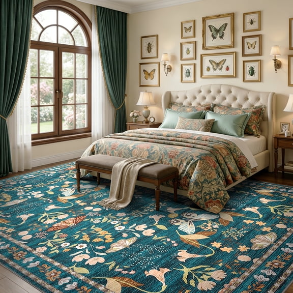 9x12 Area Rug Washable Low-Pile with Butterfly Floral Pattern Non-Slip Stain-Resistant Carpet