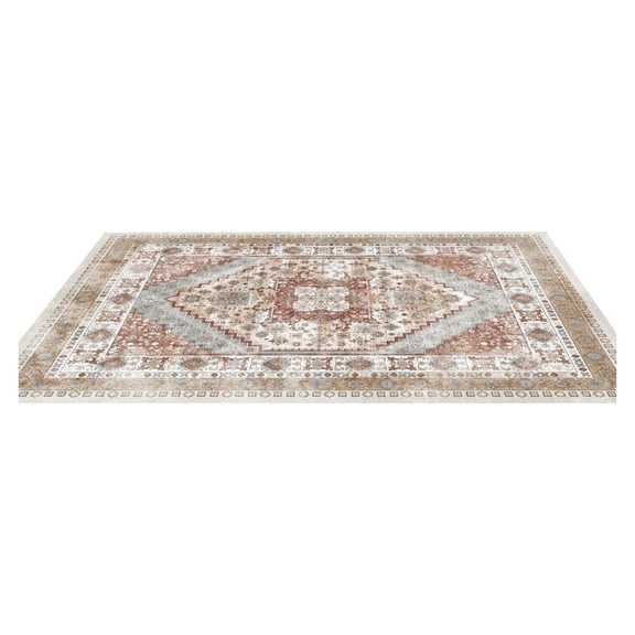 9x12 Area Rug Washable, Non-Slip Rug 9x12 Large Vintage Carpet, Soft Indoor Rug for Living Room Bedroom Kids Room, Pet Friendly Tear Resistant Rug, Brown Red