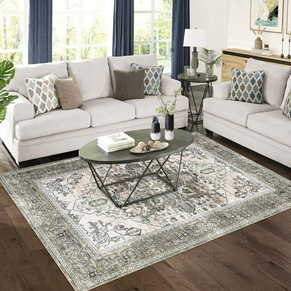 9x12 Area Rug Washable Vintage - Soft Traditional Rugs Large Non Slip Backing Low Pile Farmhouse Oriental Retro Carpet Dining or Home - Brown