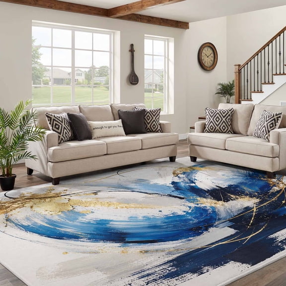 9x12 Area Rugs for Living Room Blue Gold Waves Washable Non-Slip Rug Modern Abstract Minimalist Art Lines Brushstrokes Large Indoor Carpet for Bedroom Dining Room Nursery Home Office