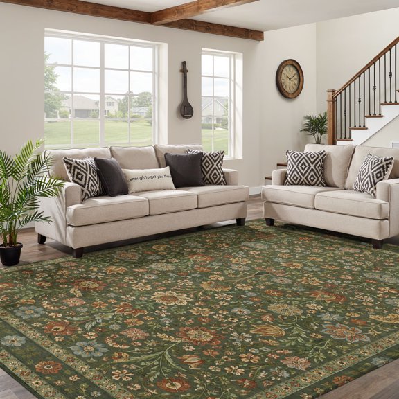 9x12 Area Rugs for Living Room Central Floral Arabesque Washable Non-Slip Rug Rustic Green Botanical Vine Border Frame Large Indoor Carpet for Bedroom Dining Room Nursery Home Office