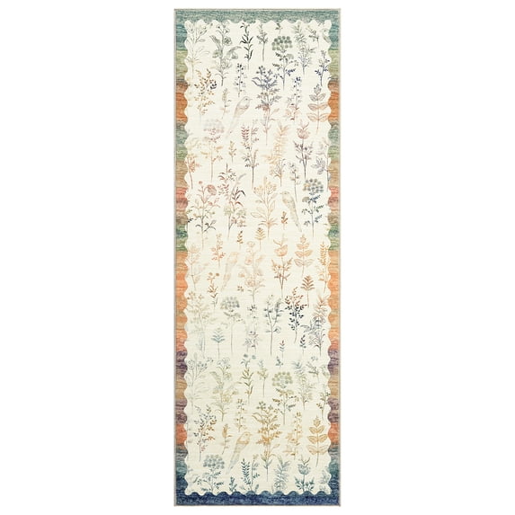 9x12 Under Bed Machine Washable Area Rugs, Modern Floral Print Floor Cover Carpet with Non Slip Backing Stain Resistant Farmhouse Rug for Nursery, Living Room, Office