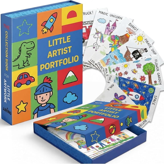 9x12 Blue Foldable Art Portfolio Storage Box with Elastic Bands, Student Artwork Keepsake and Document Organizer Folder
