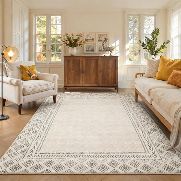 9x12 Boho Diamond Dot Machine Washable Area Rug, Non-Slip Low Pile, Grey for Living Room