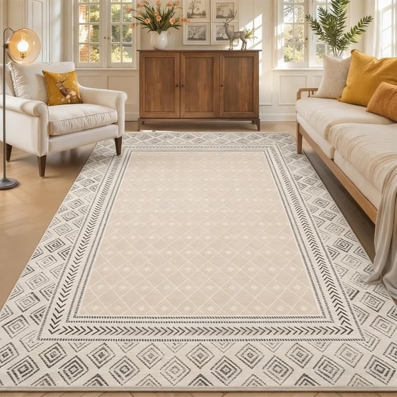 9x12 Boho Dot Machine Washable Non Slip Rug for Living Room Bedroom, Soft Low Pile Camel
