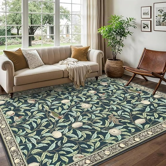 9x12 Botanical Print Washable Rugs Ultra Thin Non Slip Large Area Rug for Bedroom Living Room Ultra Thin Lightweight Cute Throw Carpet for Dining Room Table Classroom Playroom, Dark blue