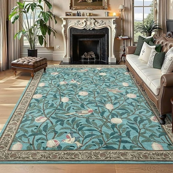 9x12 Botanical Print Washable Rugs Ultra Thin Non Slip Large Area Rug for Bedroom Living Room Ultra Thin Lightweight Cute Throw Carpet for Dining Room Table Classroom Playroom, Light blue