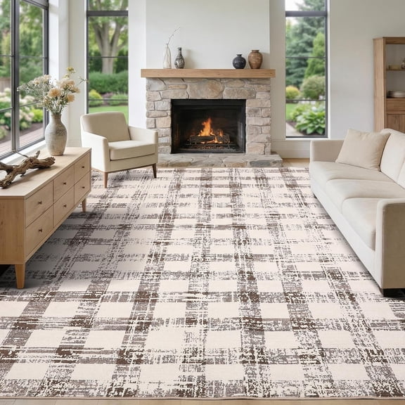 9x12 Checkered Area Rug, Washable Modern Geometric Rug, Non Slip Low Pile Soft Carpet for Bedroom, Living Room, Dining Room, Beige