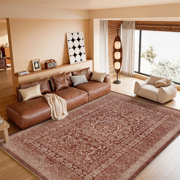 Toyoso 9x12 Master Estate Area Rug, Rustic Distressed Red Persian Silicone Rug, Grande Durable Washable Masterpiece Floor Covering for Open Great Room, High-Traffic Fade-Resistant Suite Rug