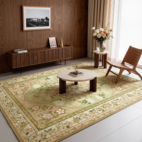 Toyoso 9x12 Extra Large Tea Green Rug - Gold Medallion Traditional Silicone Area Carpet, 0.25" Slim Low-Pile Machine Washable Non-Slip Area Rug for Master Bedroom and Large Great Rooms Decor