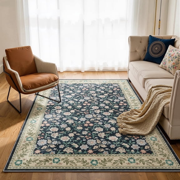 Toyoso 9x12 Extra Large Vintage Floral Area Rug, Midnight Navy Carpet, Master Suite Machine Washable Non-Slip 0.25" Indoor Rug, Grande Traditional Floor Covering for Great Room